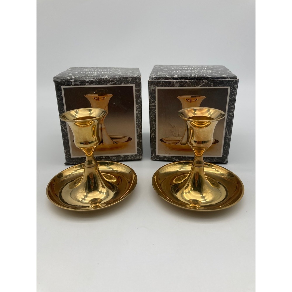 Pair Vintage Solid Brass Chamberstick Candle Holders Made in India- With Box
